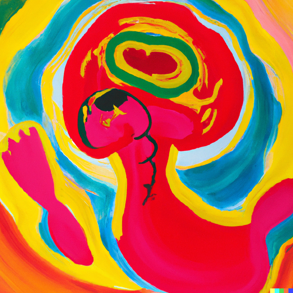 a brightly coloured abstract expressionist-like painting with a heart like image in the centre