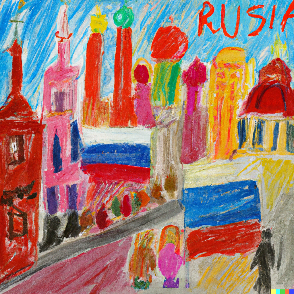 A colourful drawing of buildings including one that is vaguely reminiscent of the Kremlin